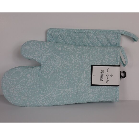 Vera Bradley EDEN PAISLEY MINT Oven Mitt Pot Holder Set - Kitchen Cooking - NEW! - Picture 1 of 2